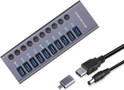 MaxLaxer 10 Port Aluminum USB 3.0 hub with 10 Port USB Data Transfer,Power Adapter USB Splitter Independent Switch