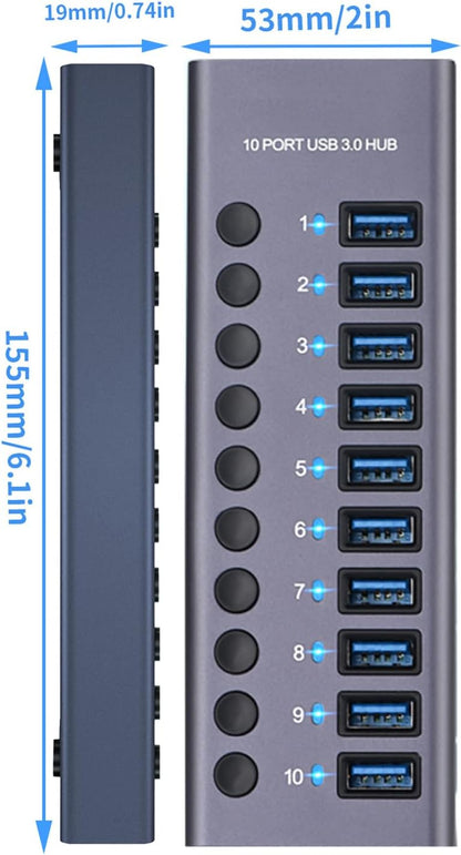 MaxLaxer 10 Port Aluminum USB 3.0 hub with 10 Port USB Data Transfer,Power Adapter USB Splitter Independent Switch