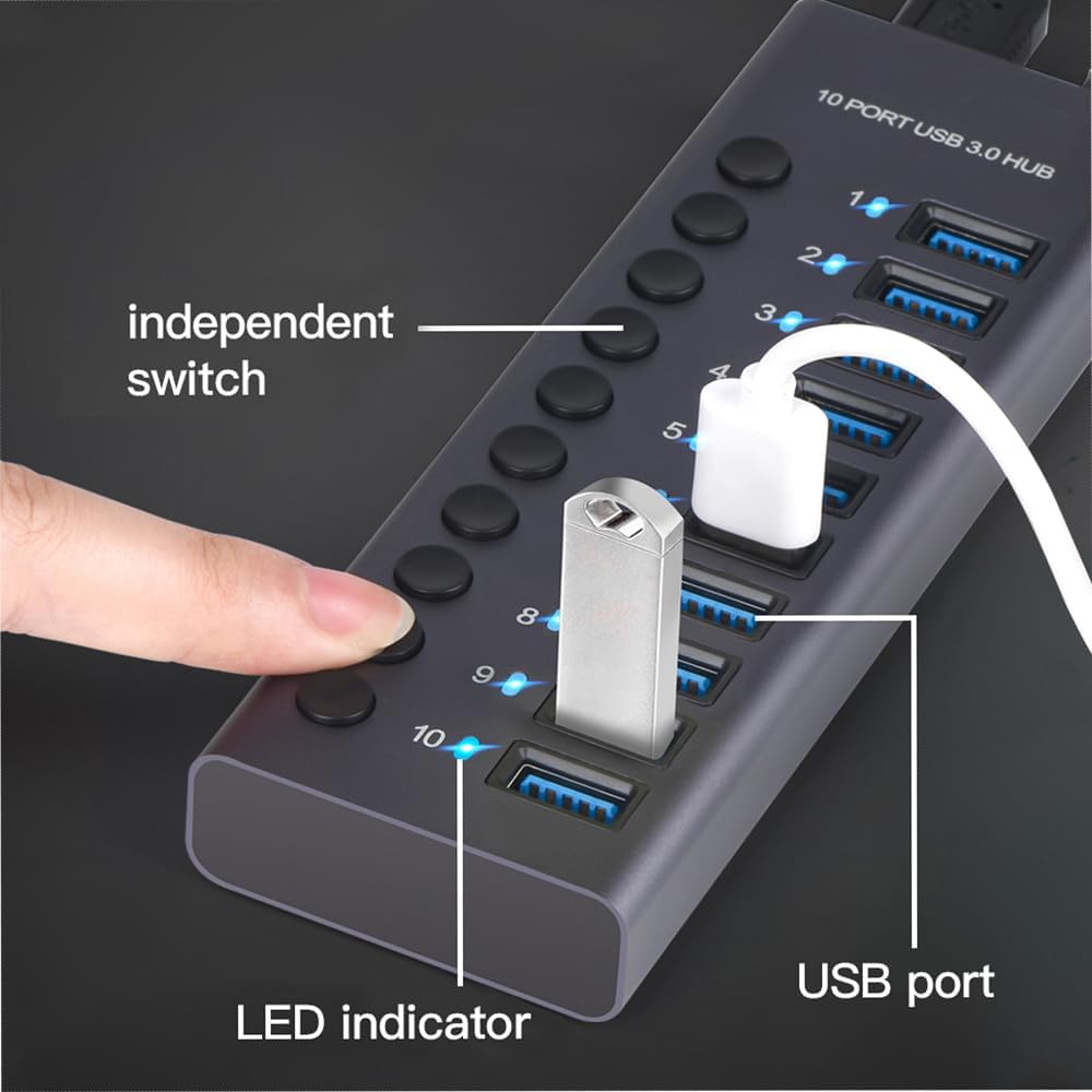 MaxLaxer 10 Port Aluminum USB 3.0 hub with 10 Port USB Data Transfer,Power Adapter USB Splitter Independent Switch