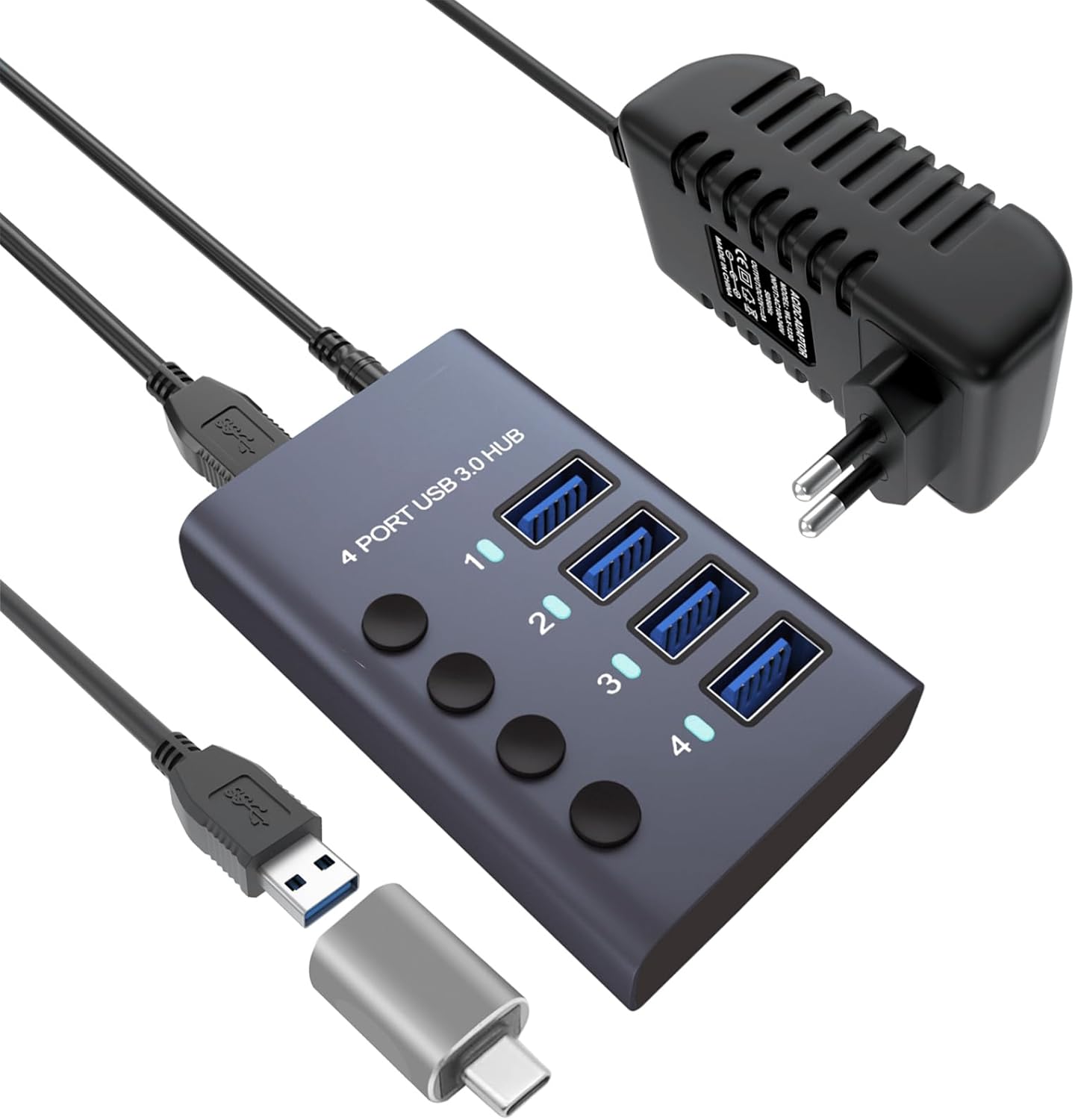 MaxLaxer 10 Port Aluminum USB 3.0 hub with 10 Port USB Data Transfer,Power Adapter USB Splitter Independent Switch