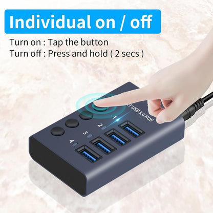 MaxLaxer 10 Port Aluminum USB 3.0 hub with 10 Port USB Data Transfer,Power Adapter USB Splitter Independent Switch