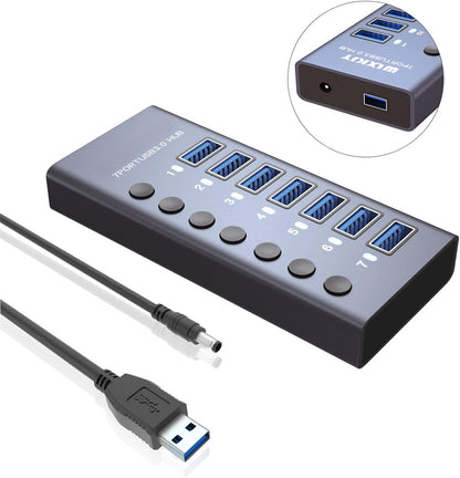 MaxLaxer 10 Port Aluminum USB 3.0 hub with 10 Port USB Data Transfer,Power Adapter USB Splitter Independent Switch