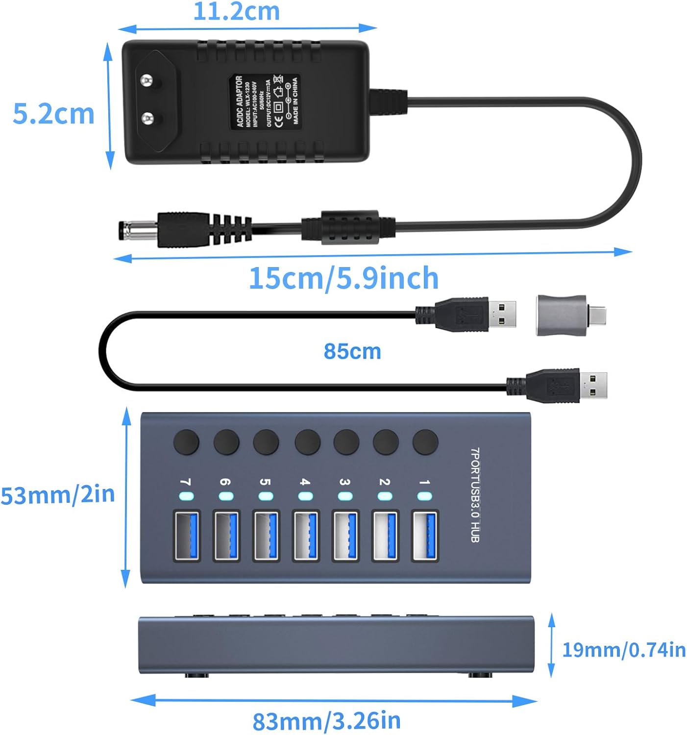 MaxLaxer 10 Port Aluminum USB 3.0 hub with 10 Port USB Data Transfer,Power Adapter USB Splitter Independent Switch