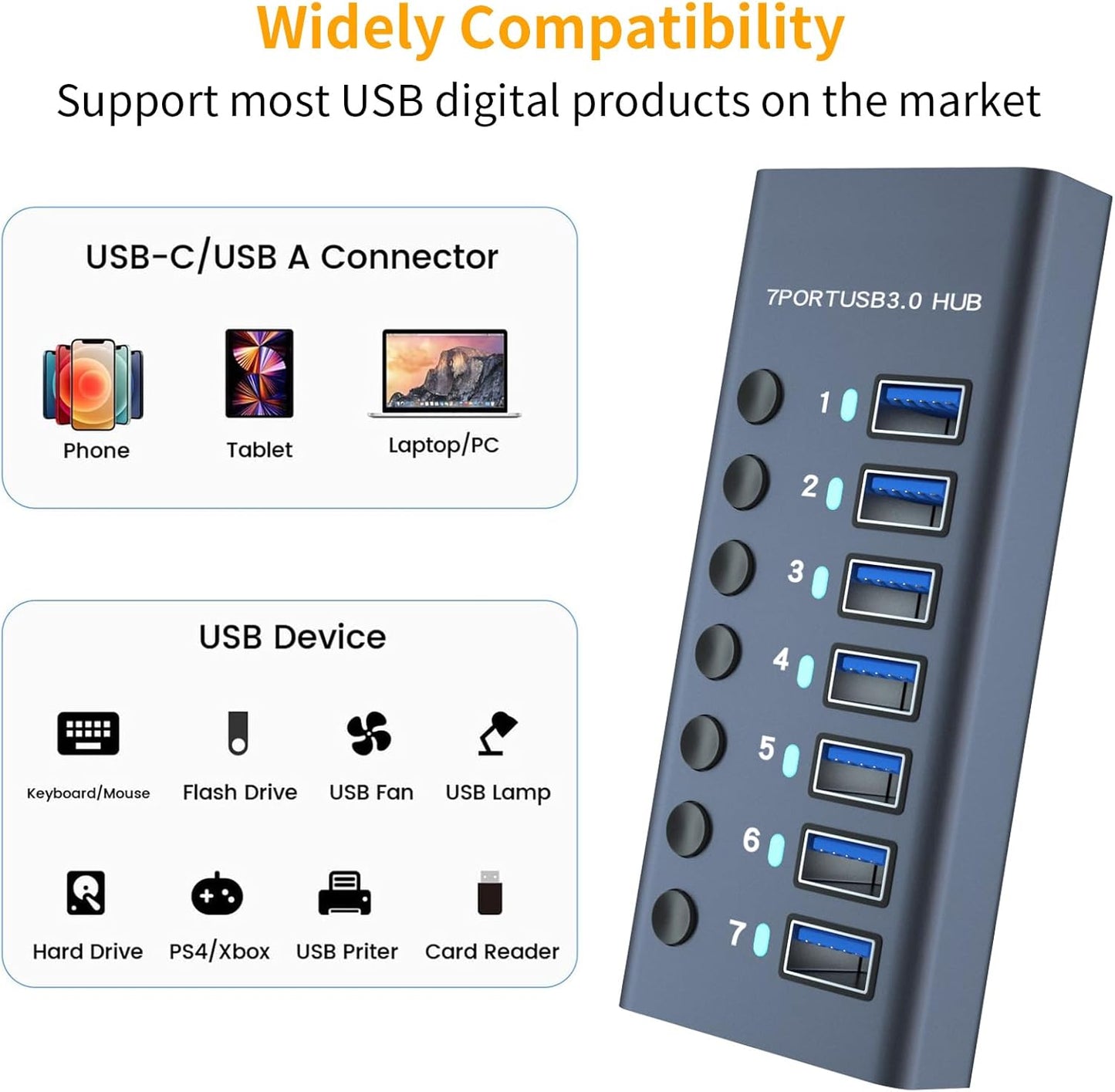 MaxLaxer 10 Port Aluminum USB 3.0 hub with 10 Port USB Data Transfer,Power Adapter USB Splitter Independent Switch