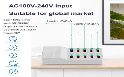 Maxlaxer USB Charger Station,10-Port 50W/10A Multiple USB Charging Station,Multi Ports USB Charger Charging for Smartphones，Tablets，and Other USB Devices.