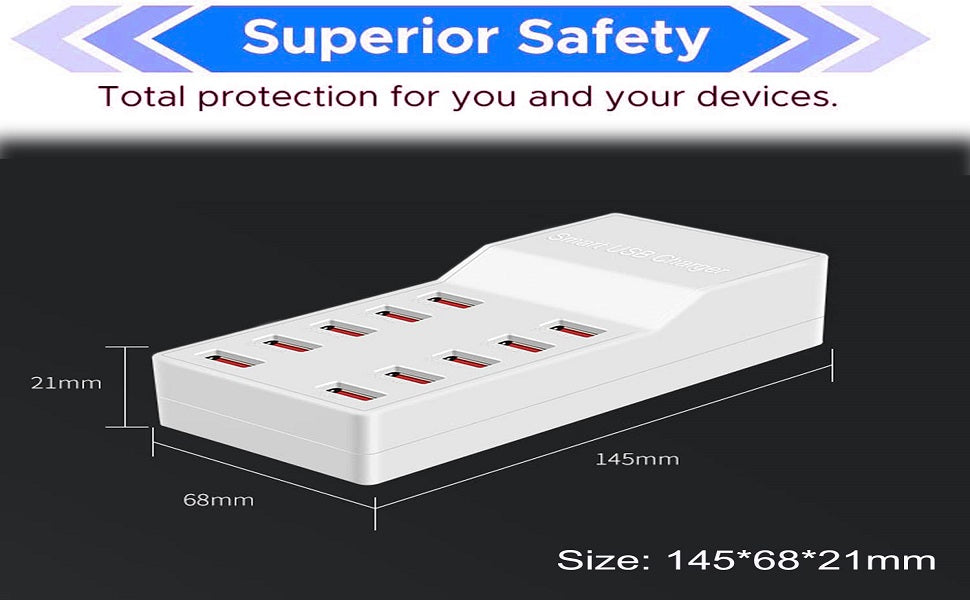 Maxlaxer USB Charger Station,10-Port 50W/10A Multiple USB Charging Station,Multi Ports USB Charger Charging for Smartphones，Tablets，and Other USB Devices.