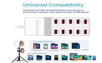 Maxlaxer USB Charger Station,10-Port 50W/10A Multiple USB Charging Station,Multi Ports USB Charger Charging for Smartphones，Tablets，and Other USB Devices.