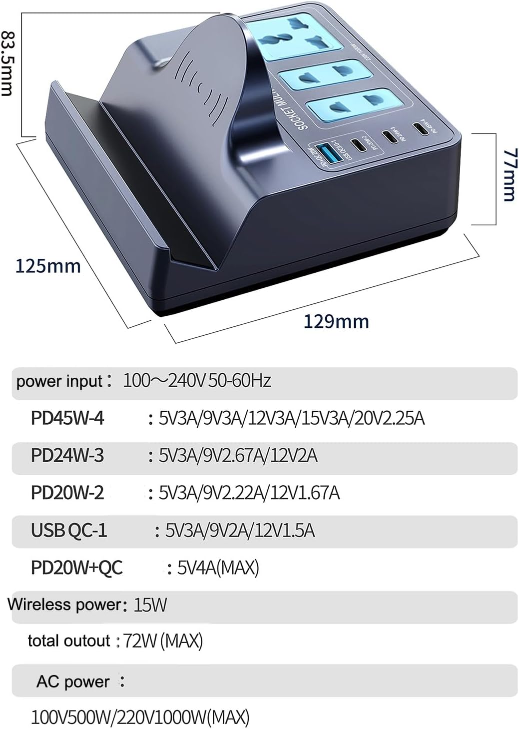 MaxLaxer Multi Functional Wireless Fast Charging Charger, 4-Port (1USB Port and 3PD), Fast Charging with 1000W Socket