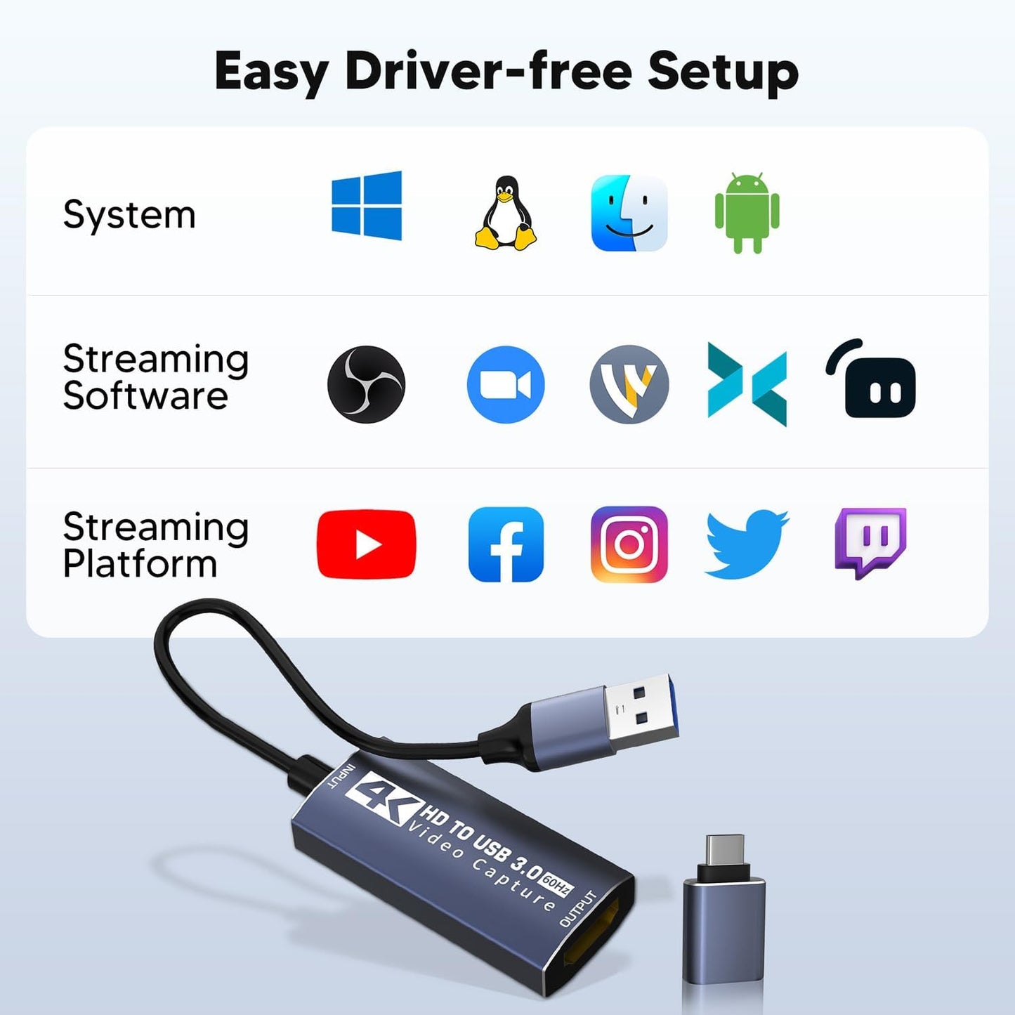 4K Audio Video Capture Card,HDMI USB 3.0, Full HD 1080P for Game Recording, Live Streaming Broadcasting