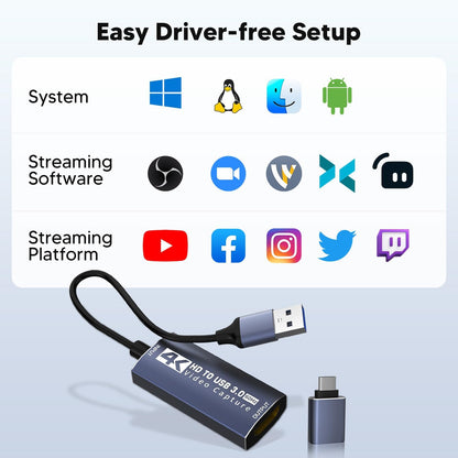 4K Audio Video Capture Card,HDMI USB 3.0, Full HD 1080P for Game Recording, Live Streaming Broadcasting