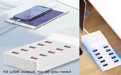 Maxlaxer USB Charger Station,10-Port 50W/10A Multiple USB Charging Station,Multi Ports USB Charger Charging for Smartphones，Tablets，and Other USB Devices.