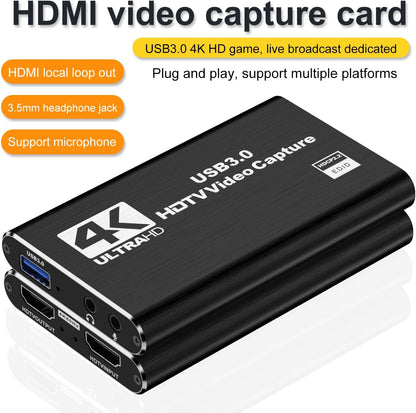 4K Audio Video Capture Card,HDMI USB 3.0, Full HD 1080P for Game Recording, Live Streaming Broadcasting