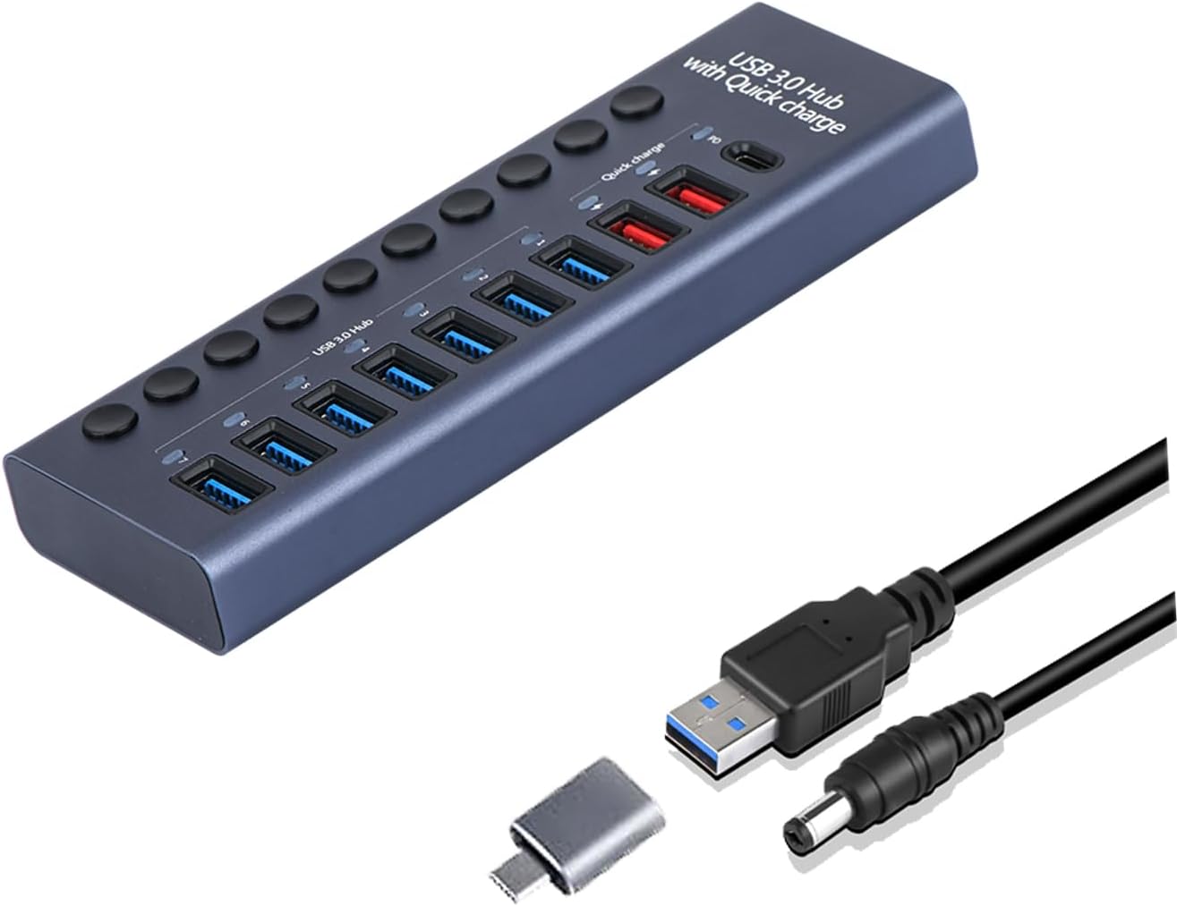 MaxLaxer Aluminum USB 3.0 hub with Charging Function, Power Adapter,Individual Power swiches (Silver Gray-7/10 Ports)