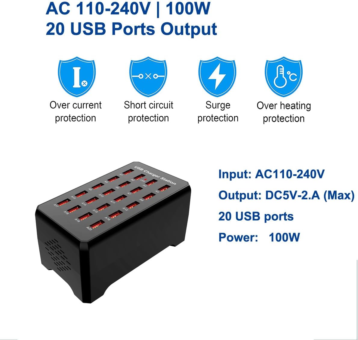 MaxLaxer 20-Port USB Charger Station, 100W/20A