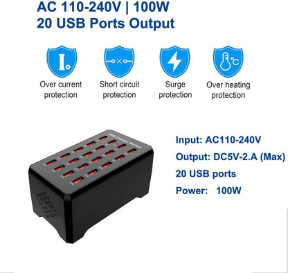 MaxLaxer 20-Port USB Charger Station, 100W/20A