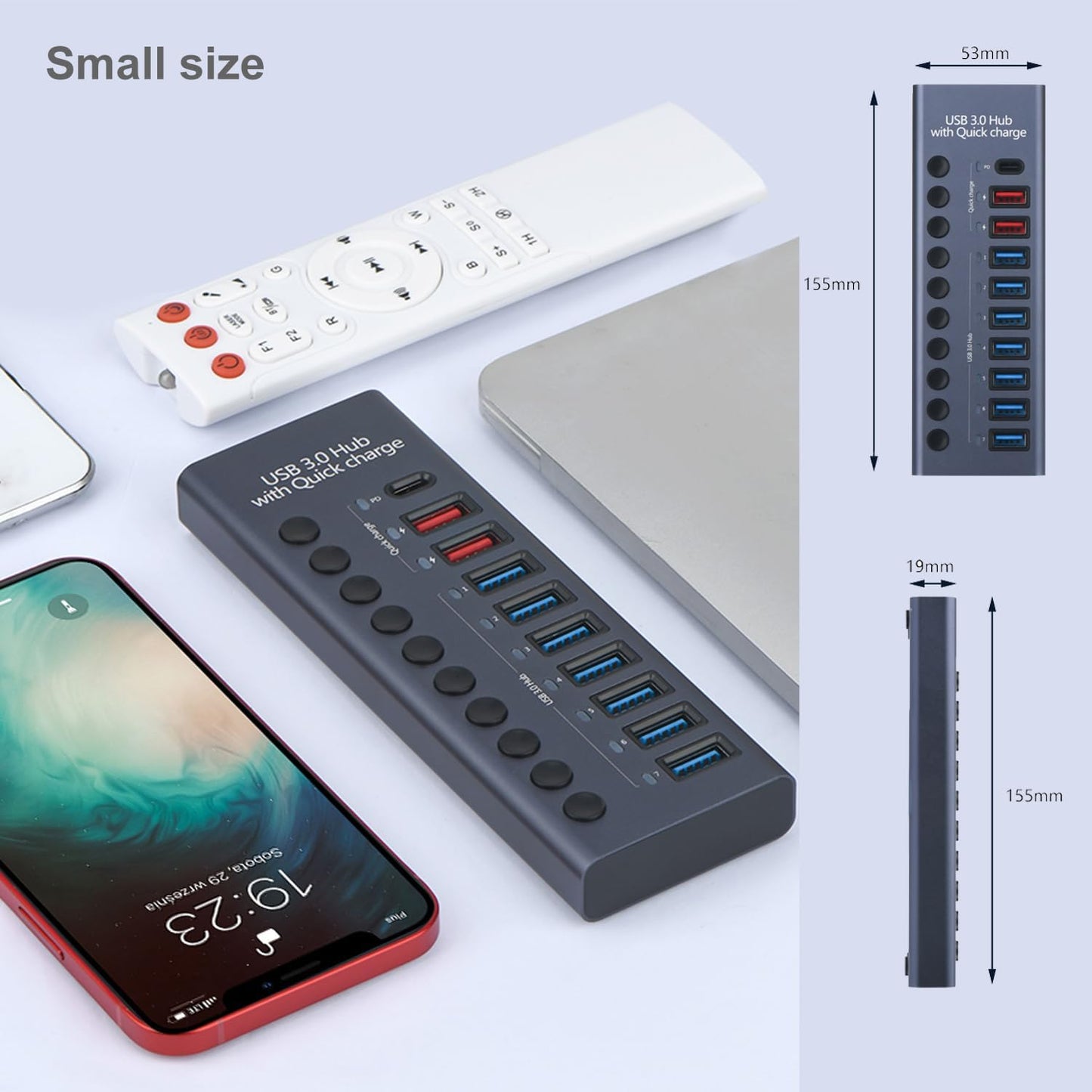 MaxLaxer Aluminum USB 3.0 hub with Charging Function, Power Adapter,Individual Power swiches (Silver Gray-7/10 Ports)