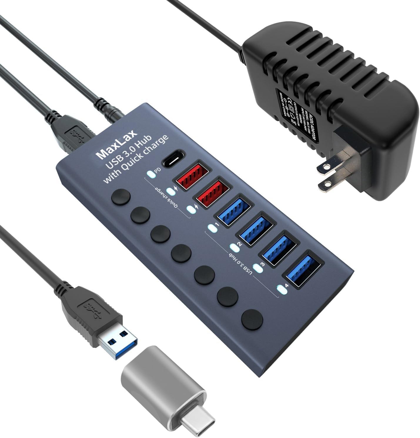 MaxLaxer Aluminum USB 3.0 hub with Charging Function, Power Adapter,Individual Power swiches (Silver Gray-7/10 Ports)