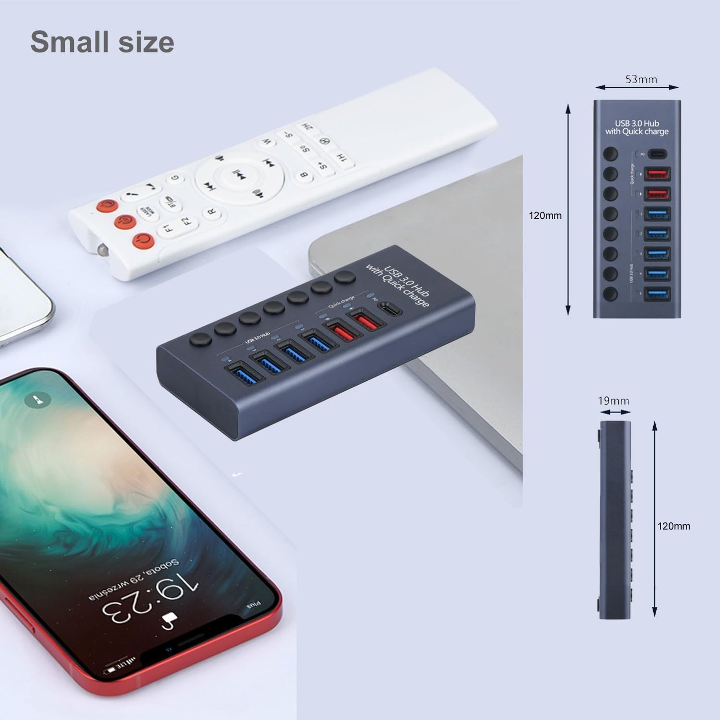 MaxLaxer Aluminum USB 3.0 hub with Charging Function, Power Adapter,Individual Power swiches (Silver Gray-7/10 Ports)