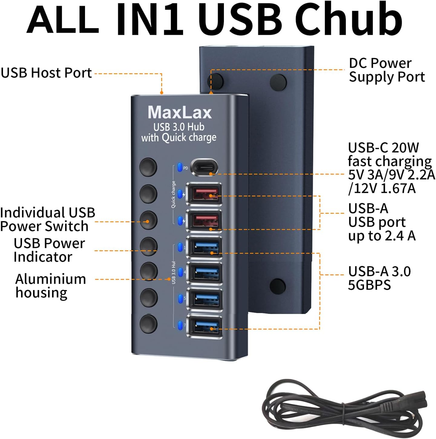 MaxLaxer Aluminum USB 3.0 hub with Charging Function, Power Adapter,Individual Power swiches (Silver Gray-7/10 Ports)